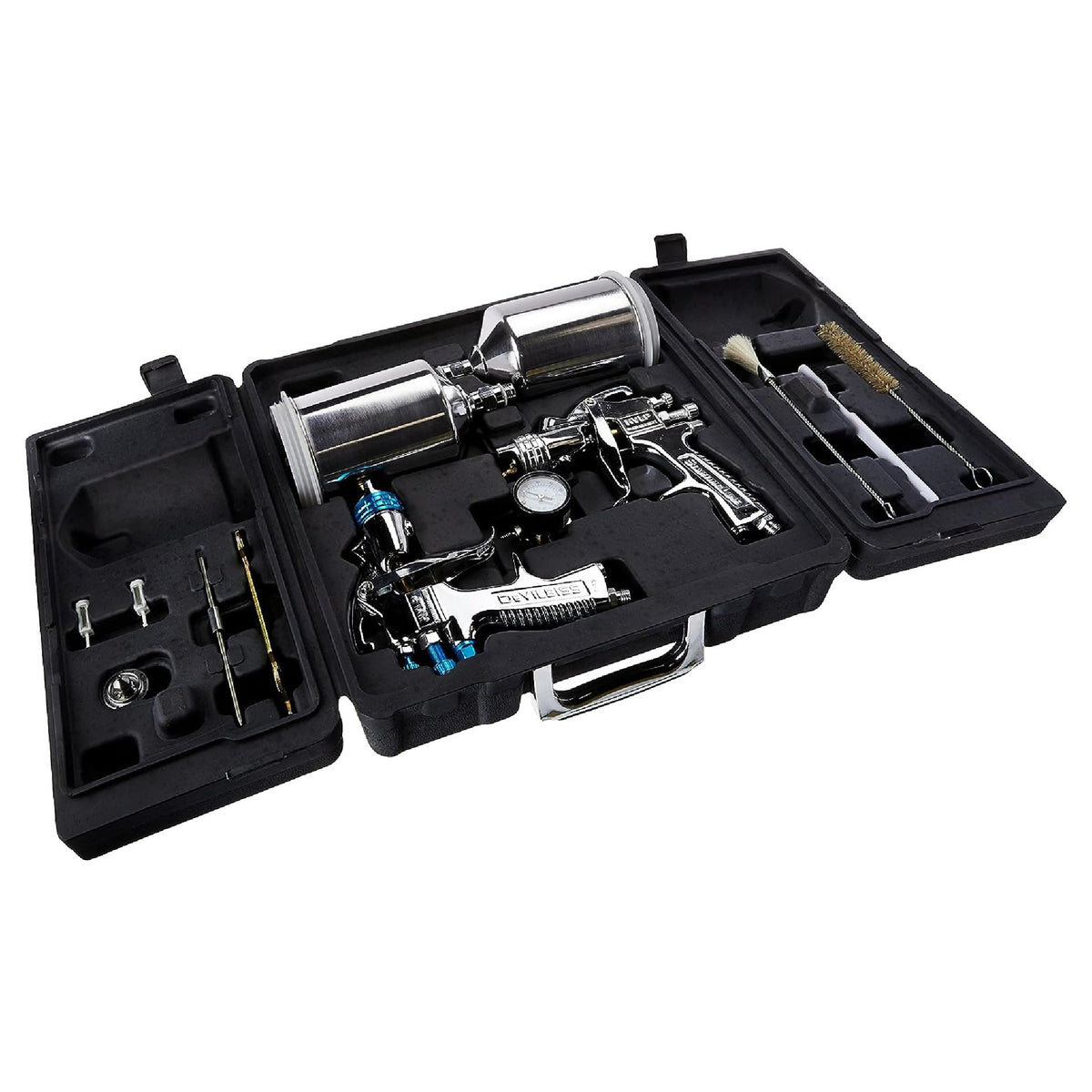DeVilbiss StartingLine kit front view showing organized two-gun layout and benefits