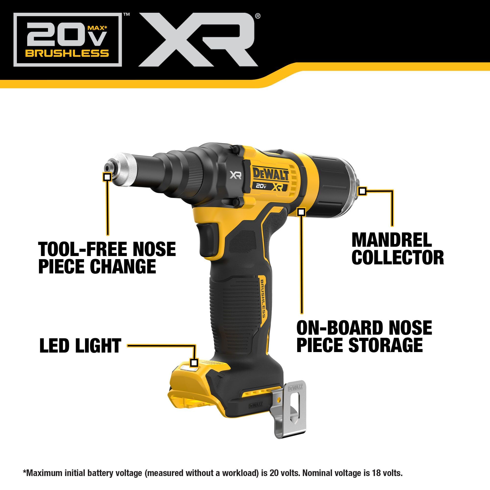 DEWALT rivet tool side profile highlighting ergonomic grip and balance