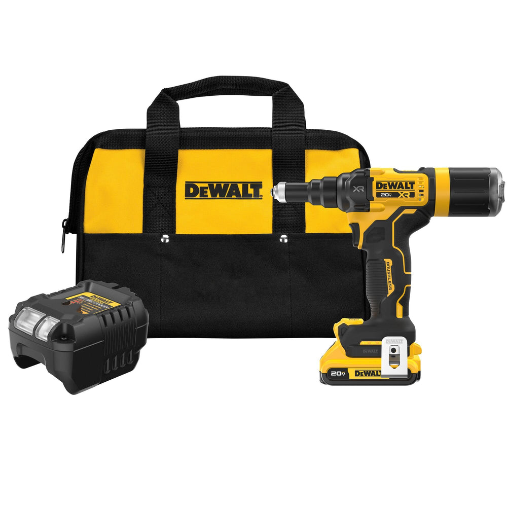 DEWALT rivet tool front angle showing compact profile and fast setup benefit