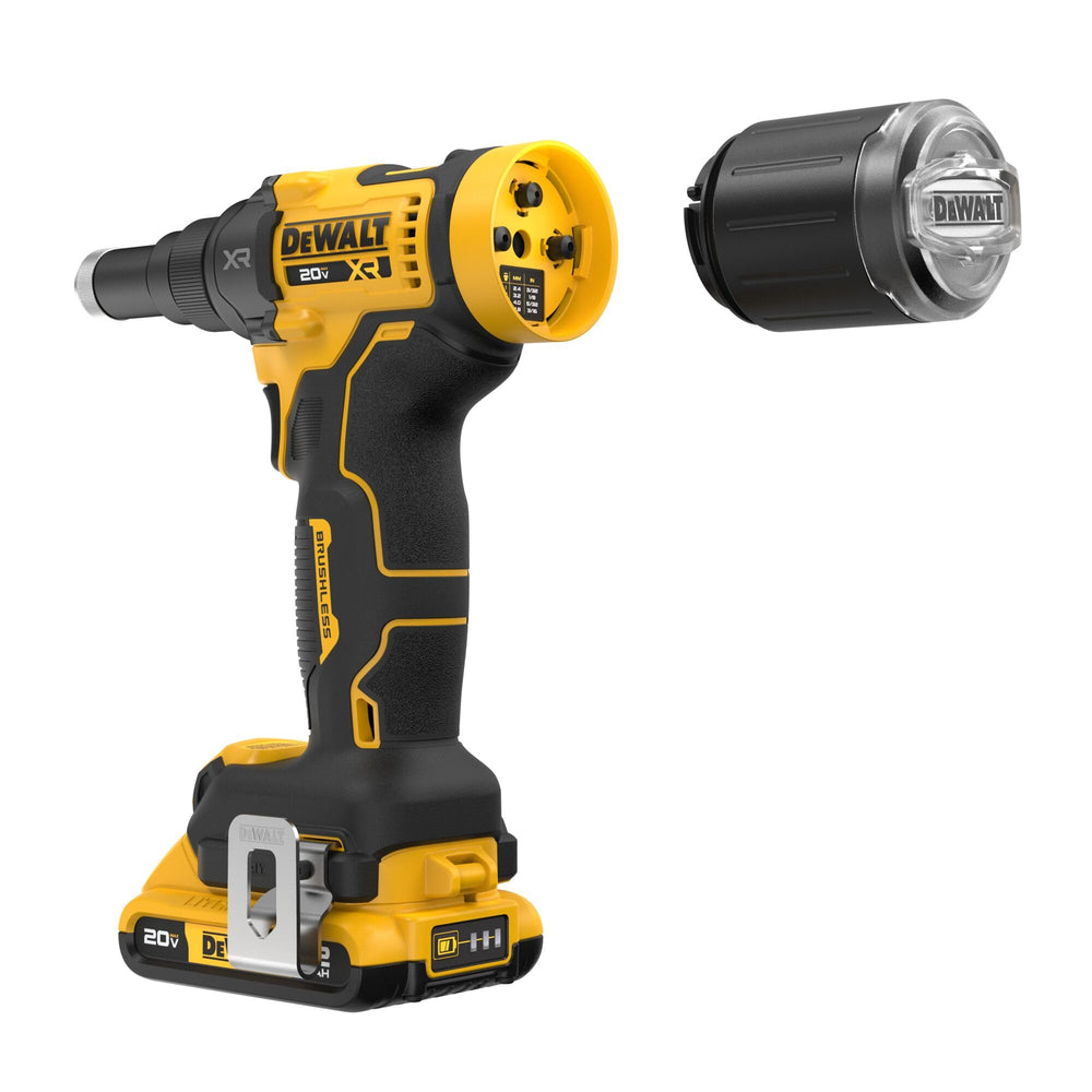 DEWALT quick, tool-free nose change action enabling fast rivet size swaps