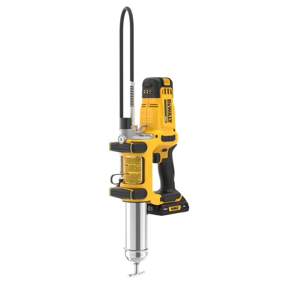 DEWALT grease gun in use on heavy equipment showing access to recessed fittings