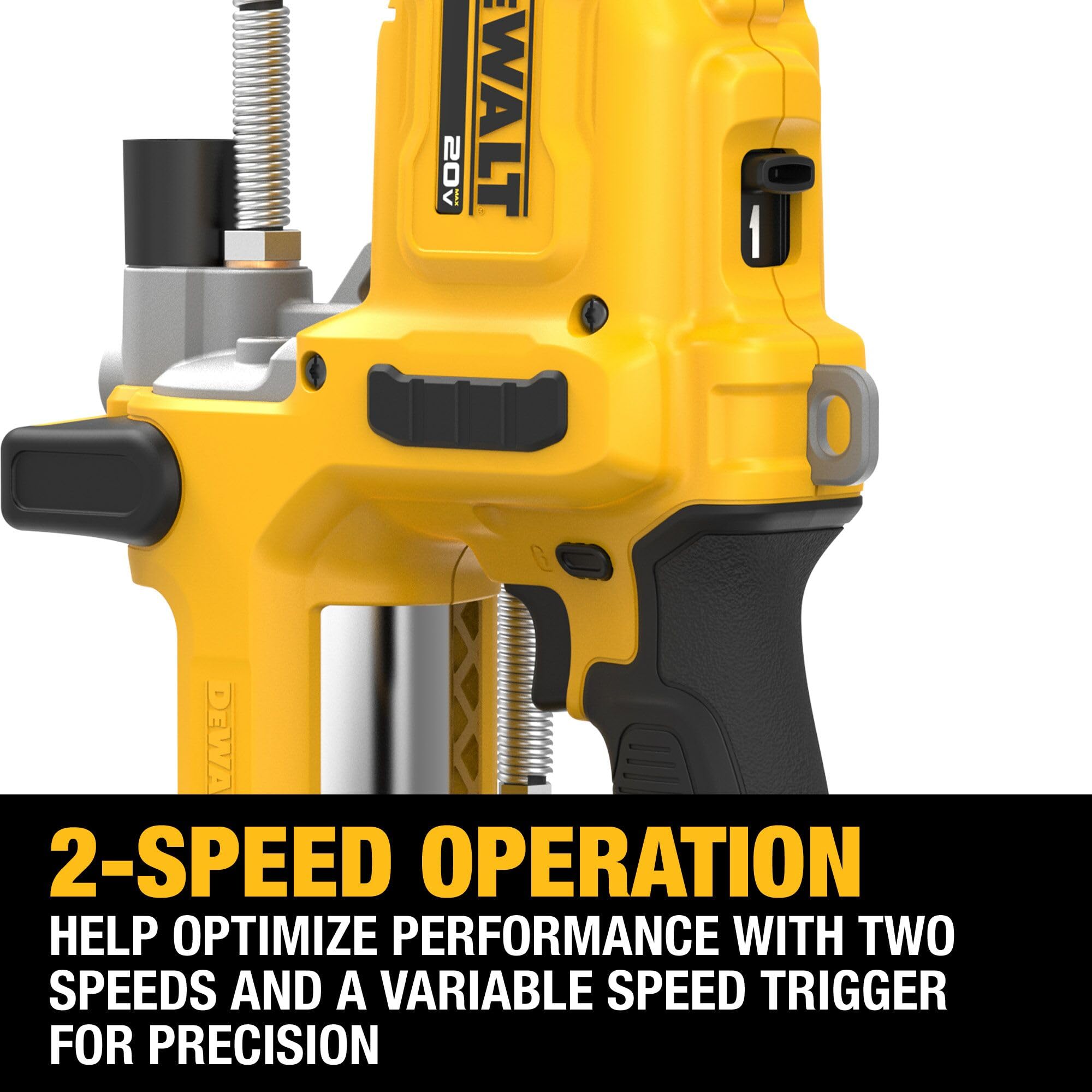 DEWALT nozzle and coupler closeup enabling secure connection and accurate grease delivery