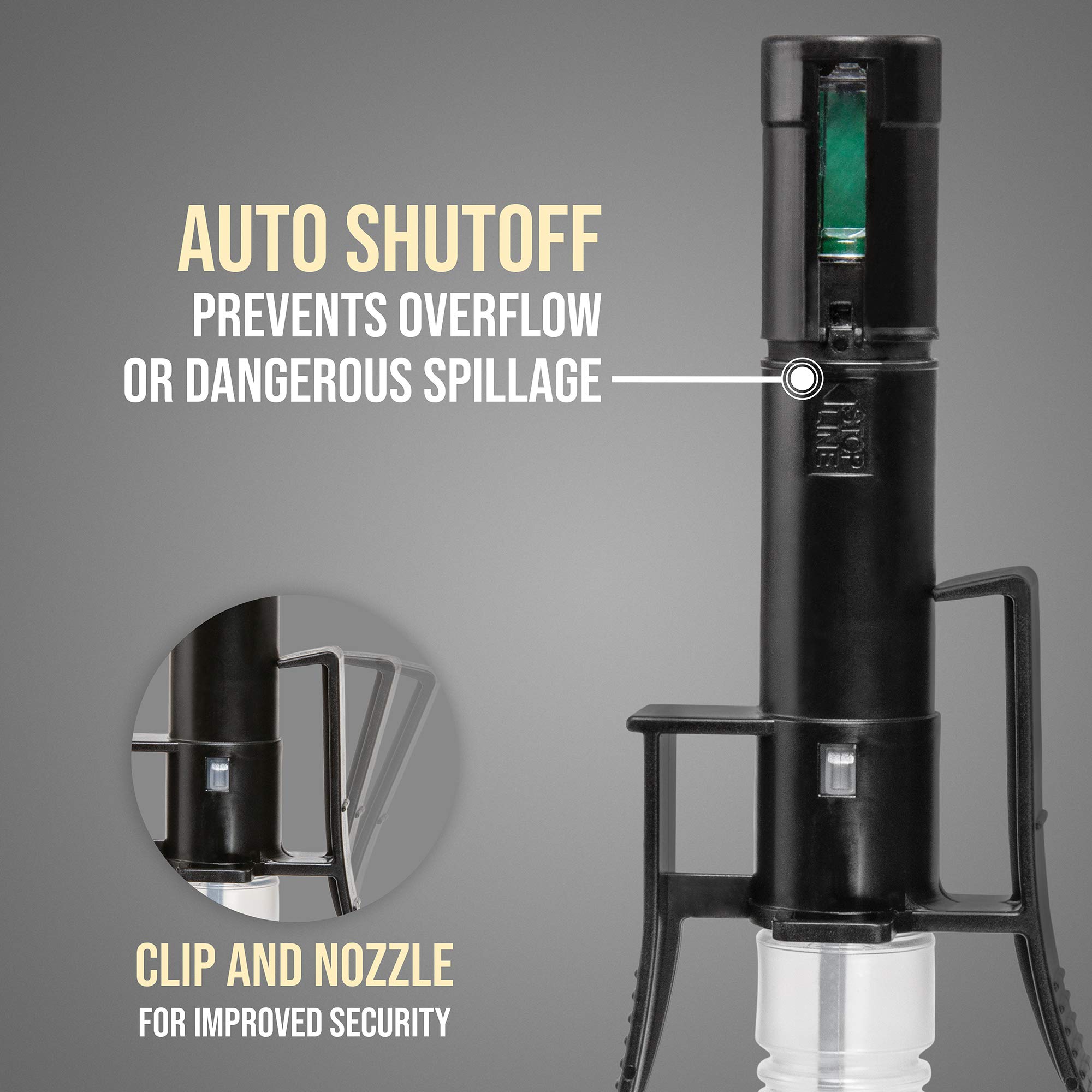 DEWAY auto-stop sensor closeup that prevents overfills and notifies user