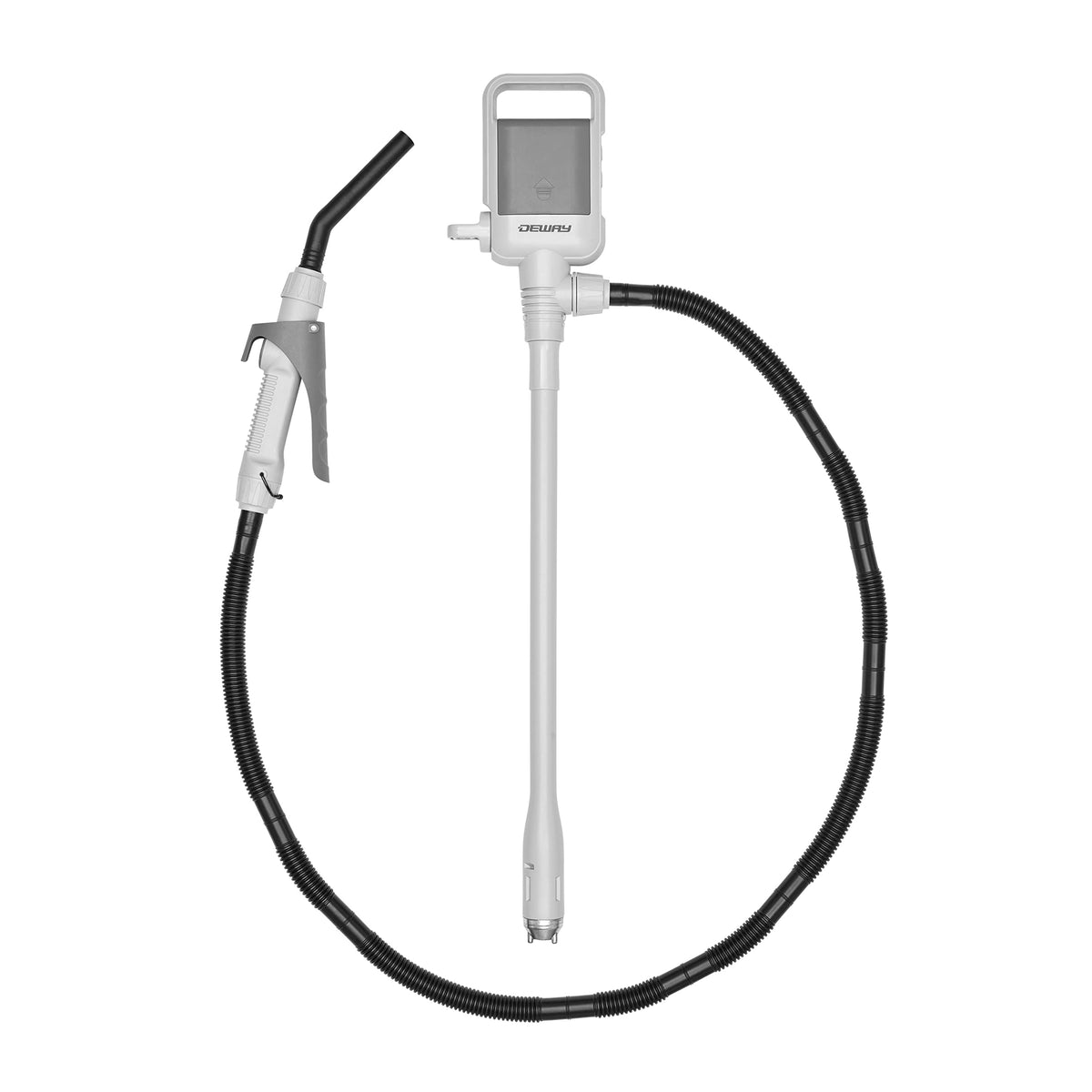DEWAY pump front view showing nozzle and ergonomic grip for easy one-handed use