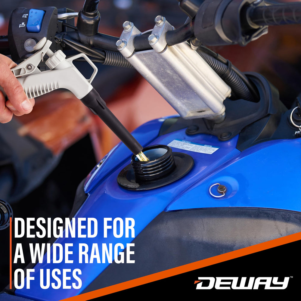 DEWAY pump beside a standard gas can showing scale and compact storage benefit