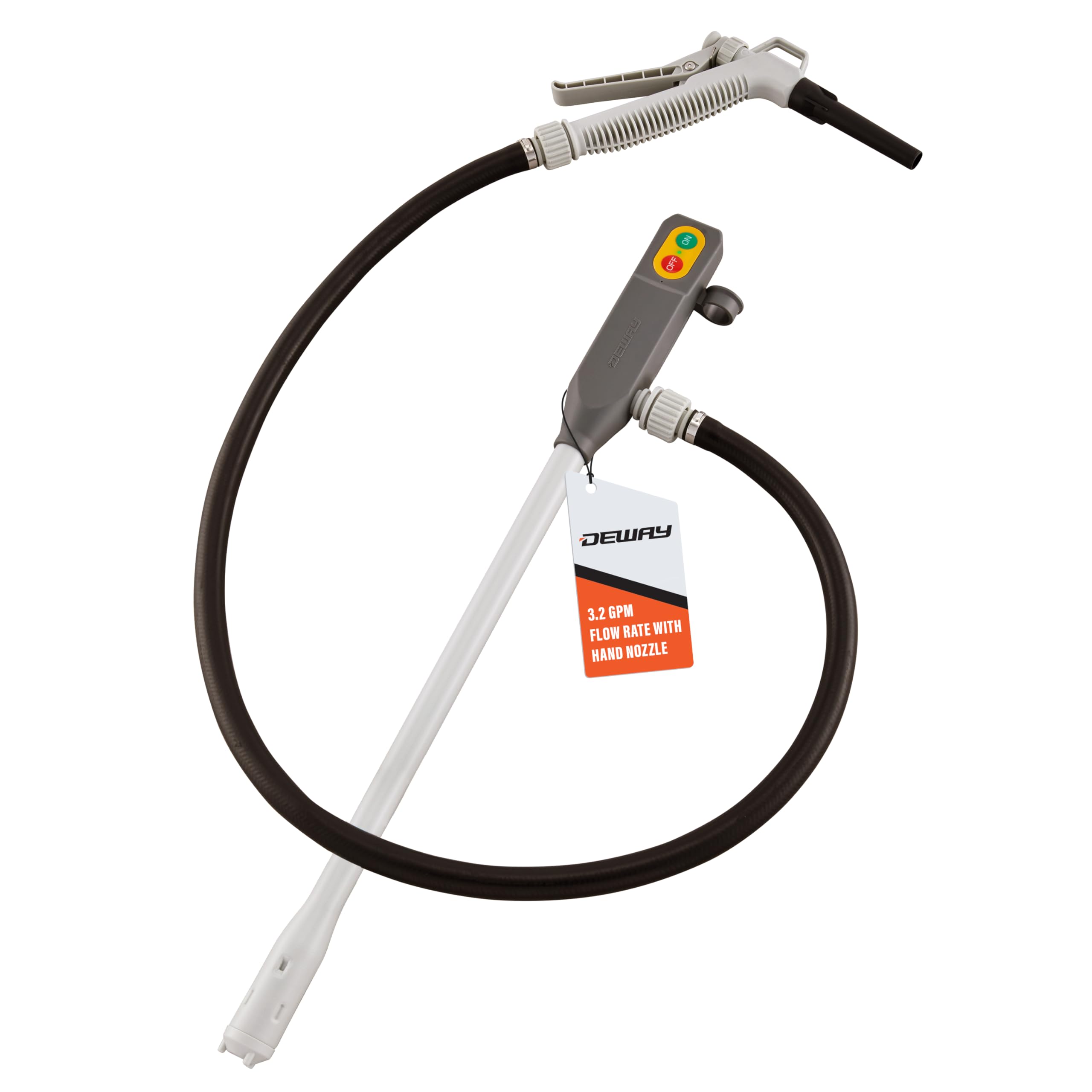 DEWAY stick pump front view showing compact body and slim intake, easy portable refueling