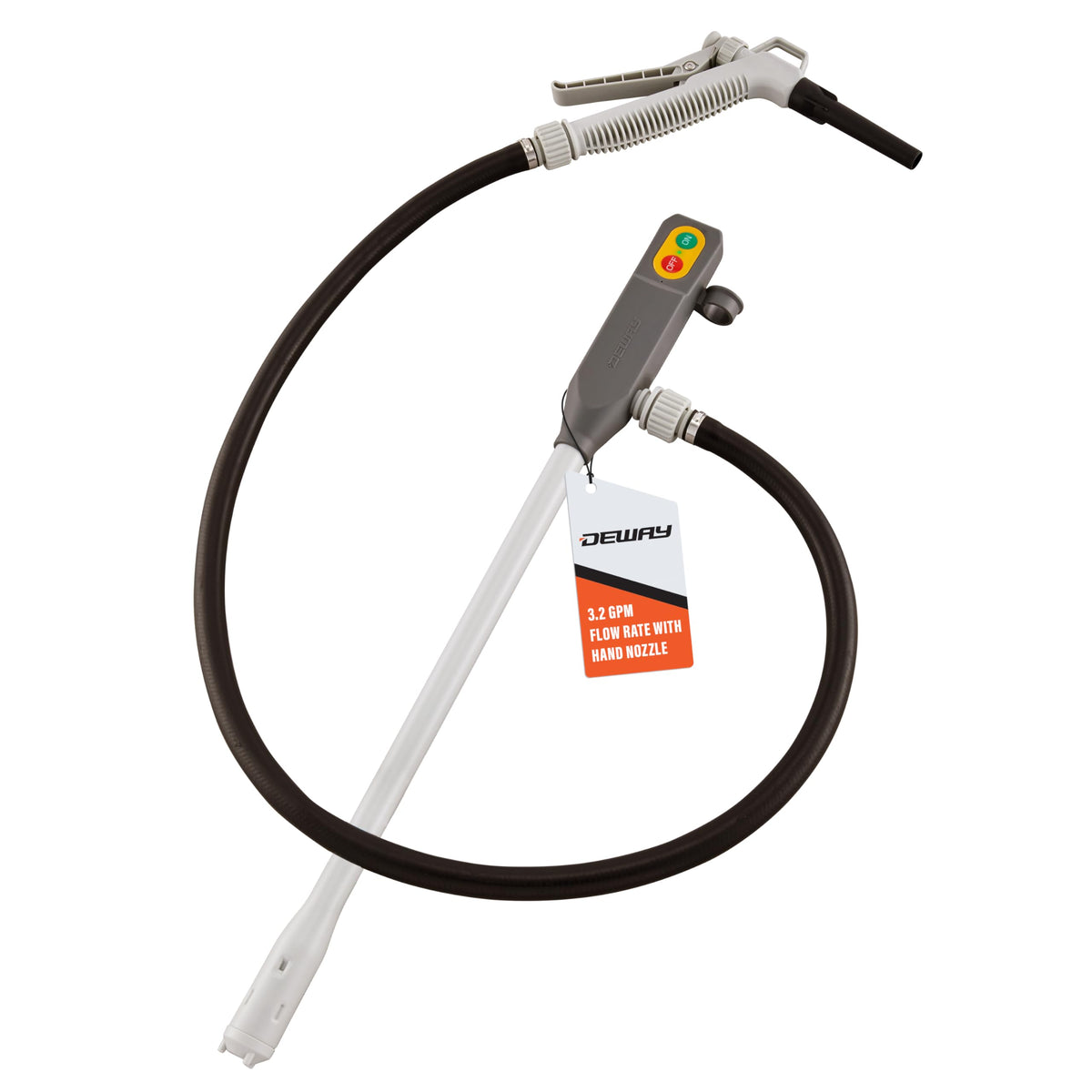 DEWAY stick pump front view showing compact body and slim intake, easy portable refueling