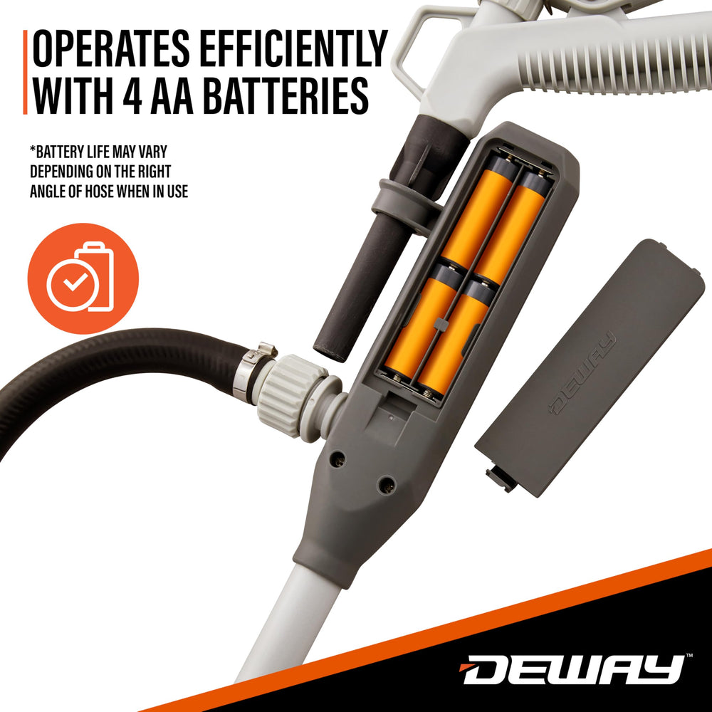 DEWAY hose extended to show 51-inch reach for distant fill necks and tight spaces