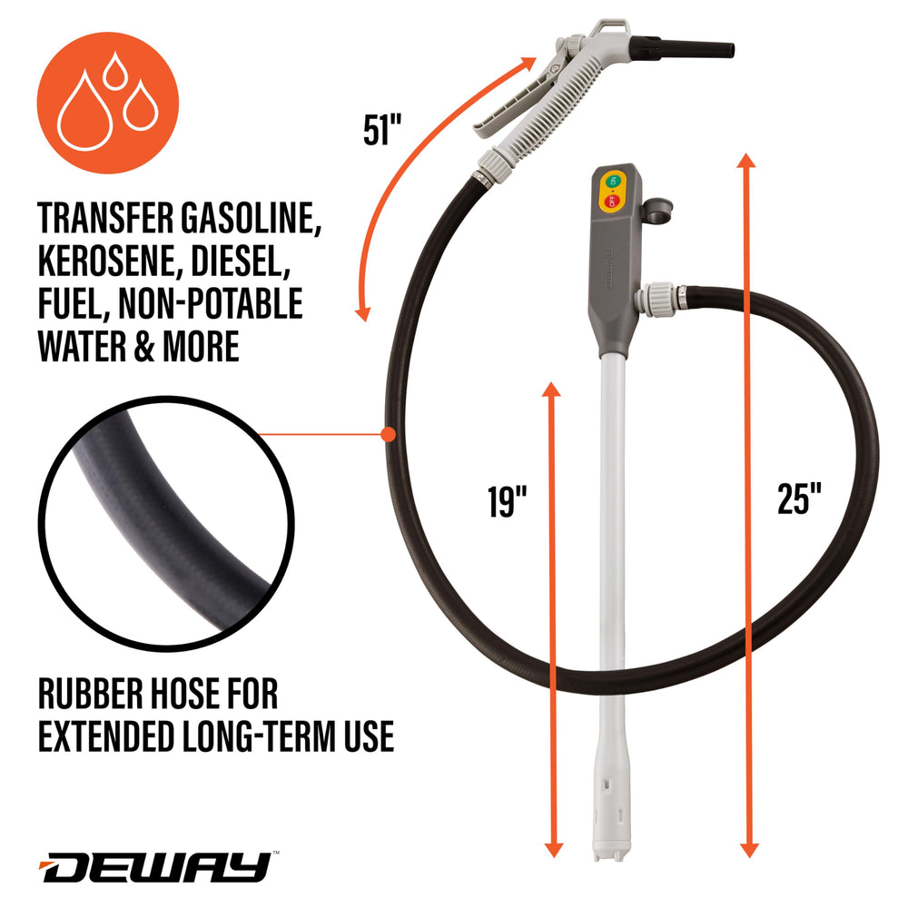 DEWAY stick pump inserted into gas can, slim 1.25-inch intake fits standard cans