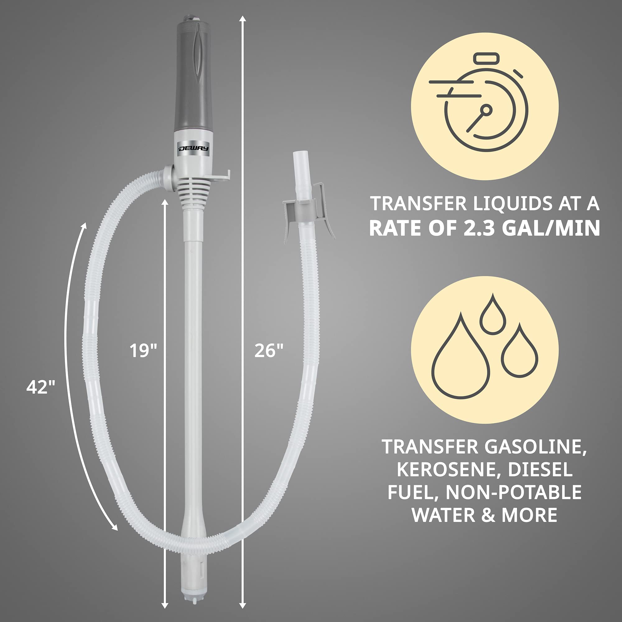 DEWAY discharge hose end showing nozzle and steady flow control for safe pouring