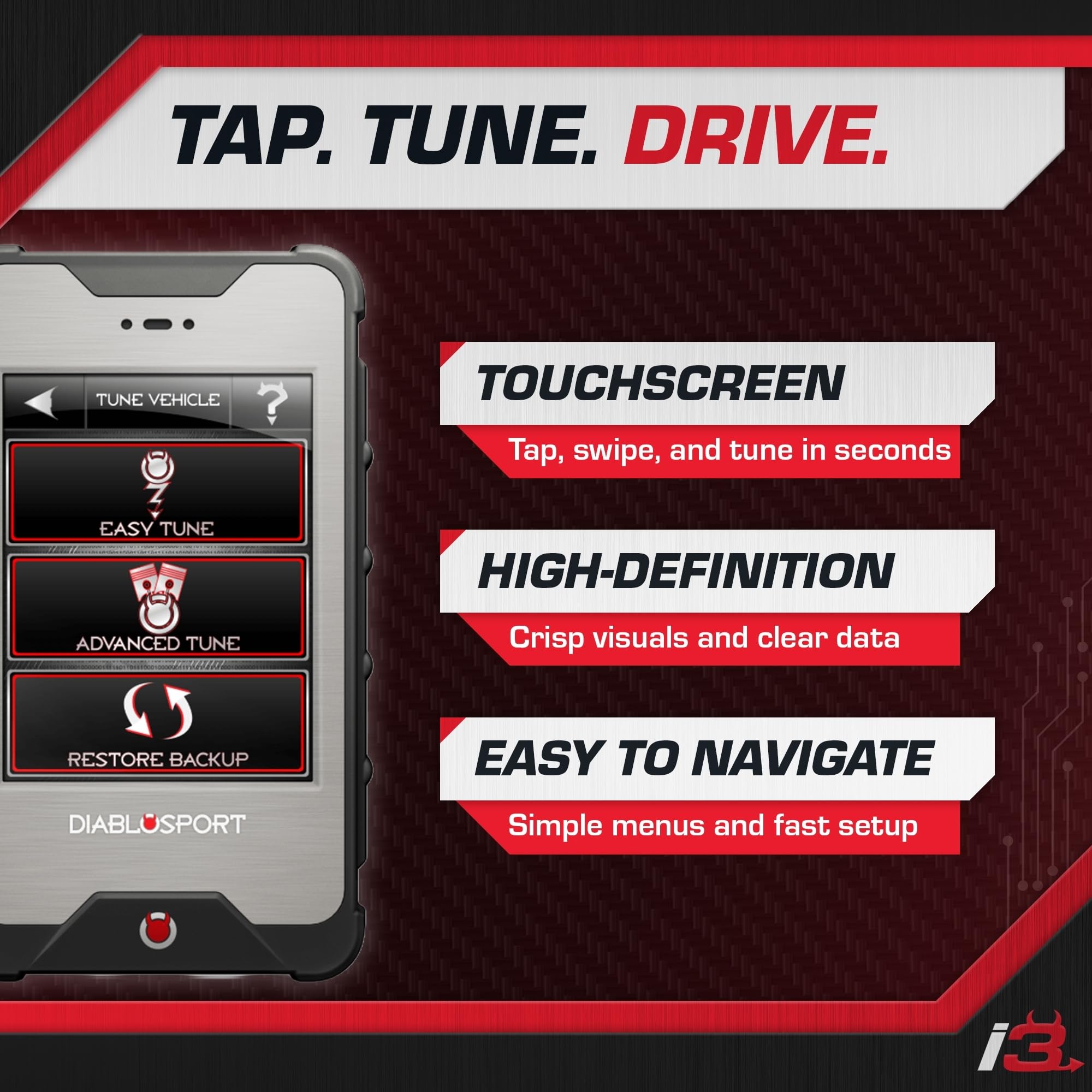 DIABLOSPORT inTune i3 installed on dashboard highlighting real-time tuning control while driving