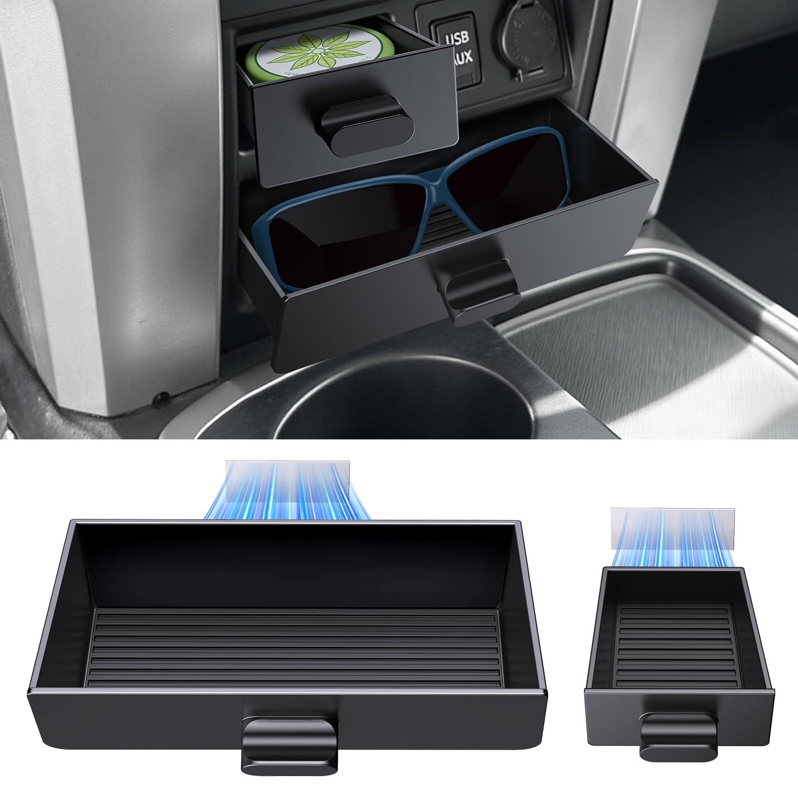 DIAMOOKY front view of console organizer showing clean fit and extra storage