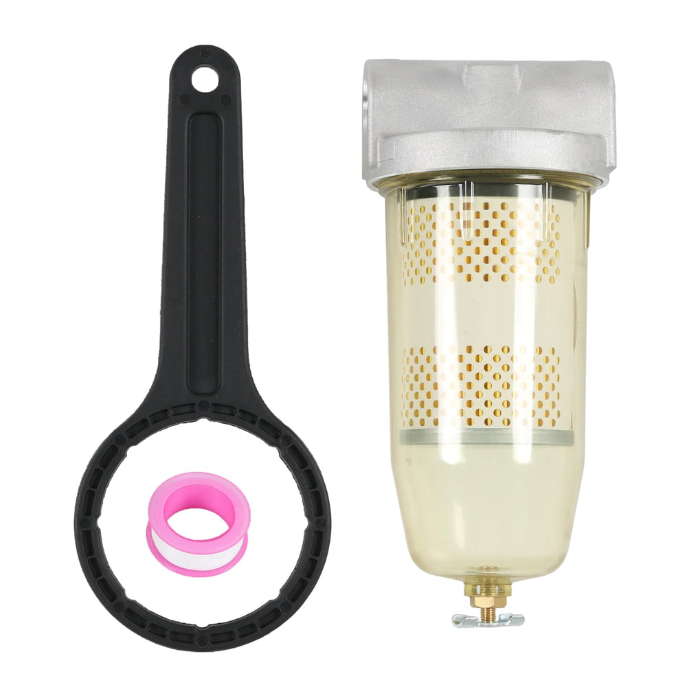 DICMIC filter assembly front view showing inlet outlet and bowl for easy inspection