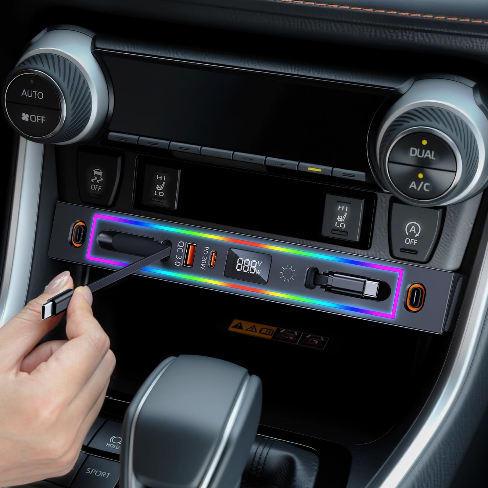DICMKY front console view showing neat integrated charging hub and tidy interior