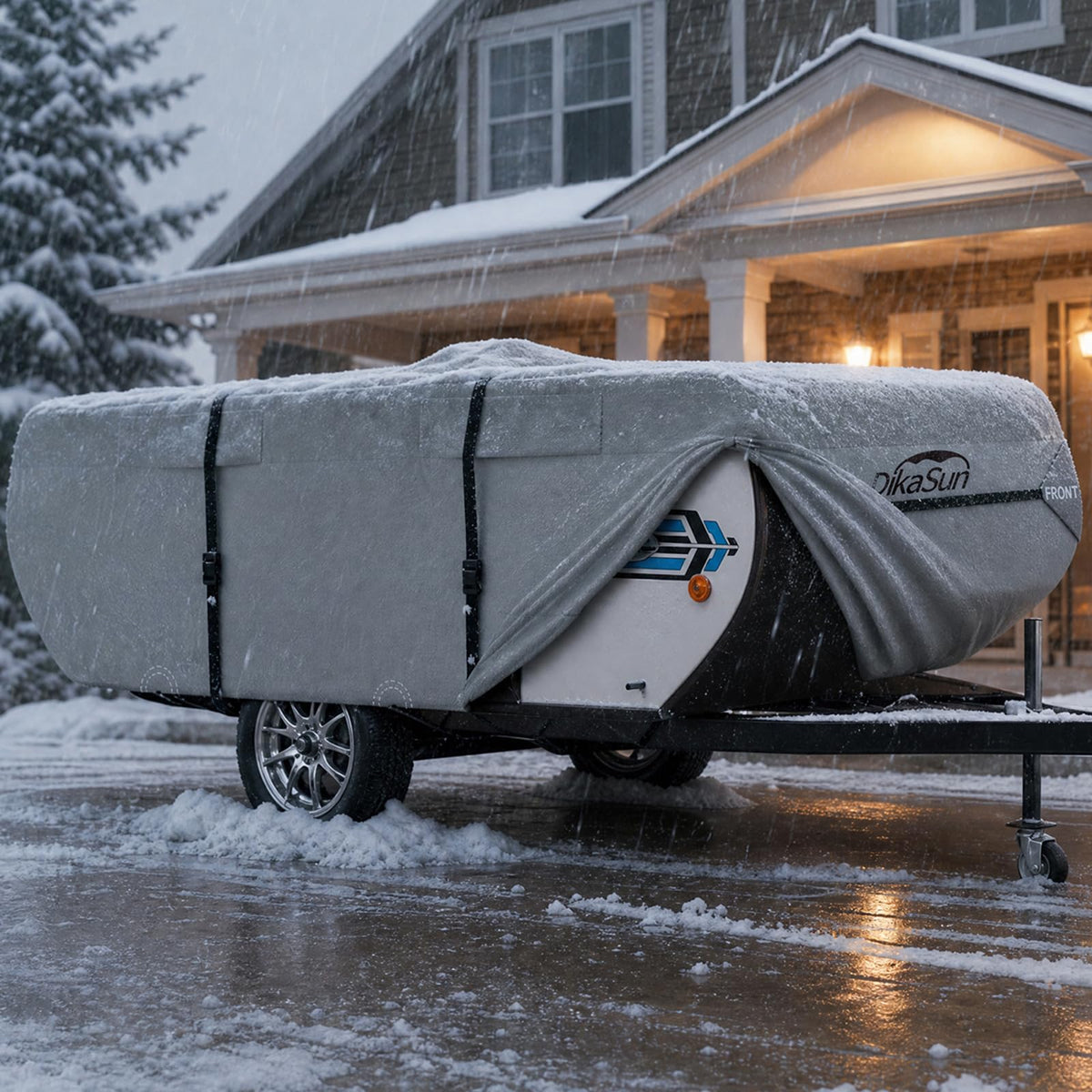 DikaSun front view of packaged camper cover showing compact storage convenience