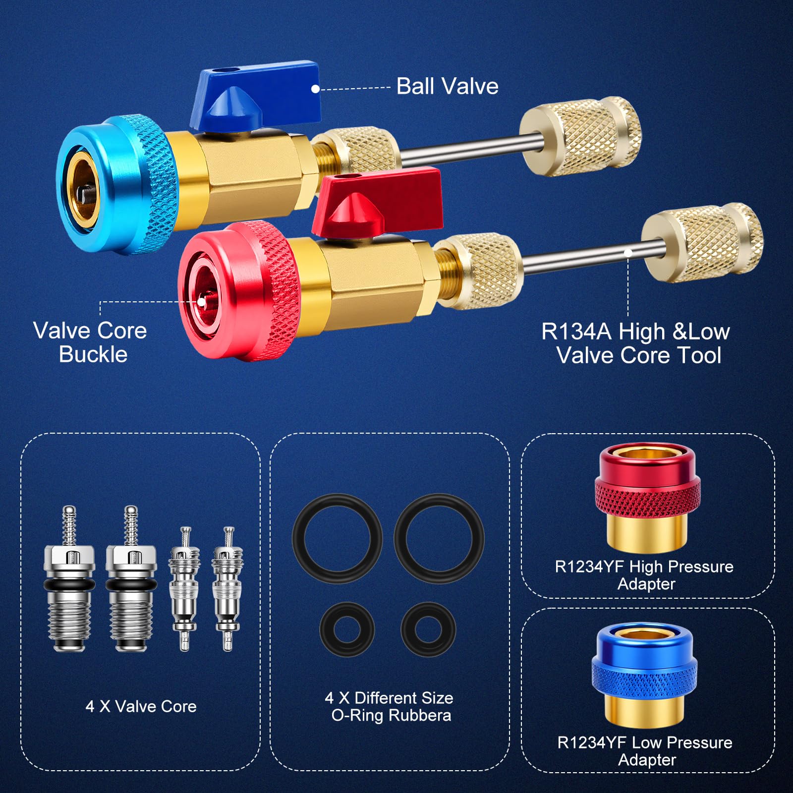 DikTalk R134a R1234yf cores and O-rings laid out for quick replacement