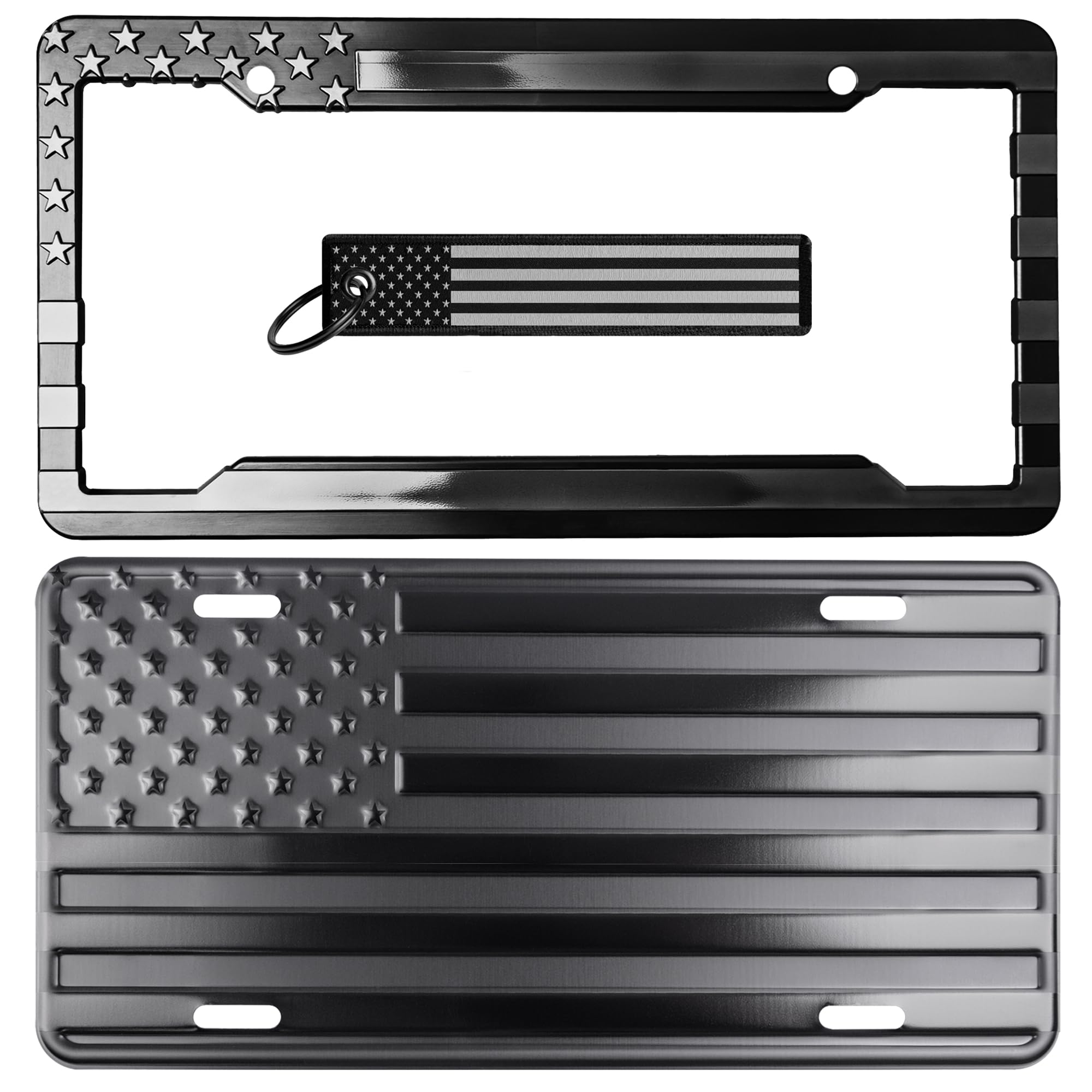 DillenCo plate front view showing embossed flag and durable finish benefit