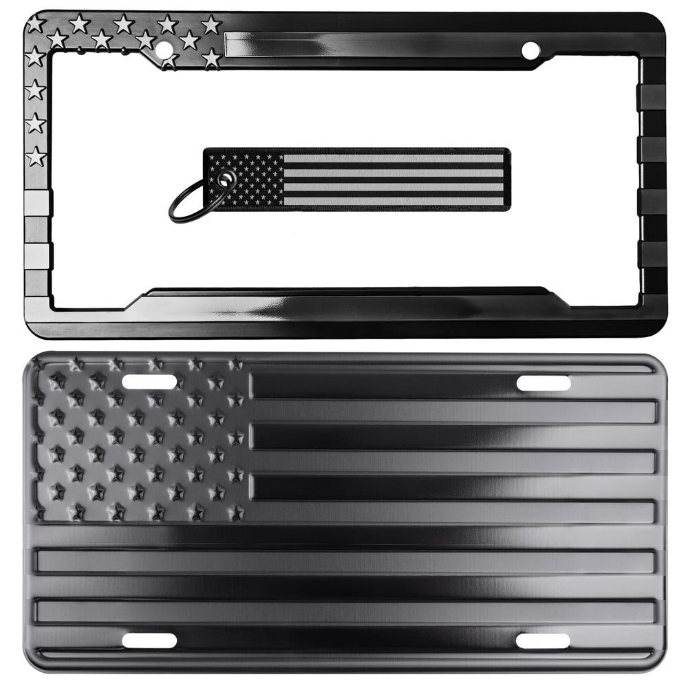 DillenCo plate front view showing embossed flag and durable finish benefit