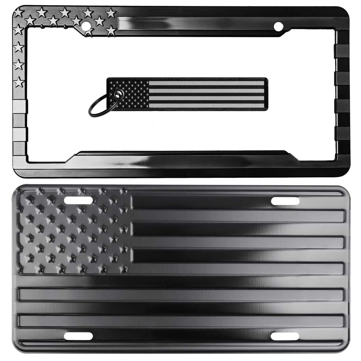 DillenCo plate front view showing embossed flag and durable finish benefit