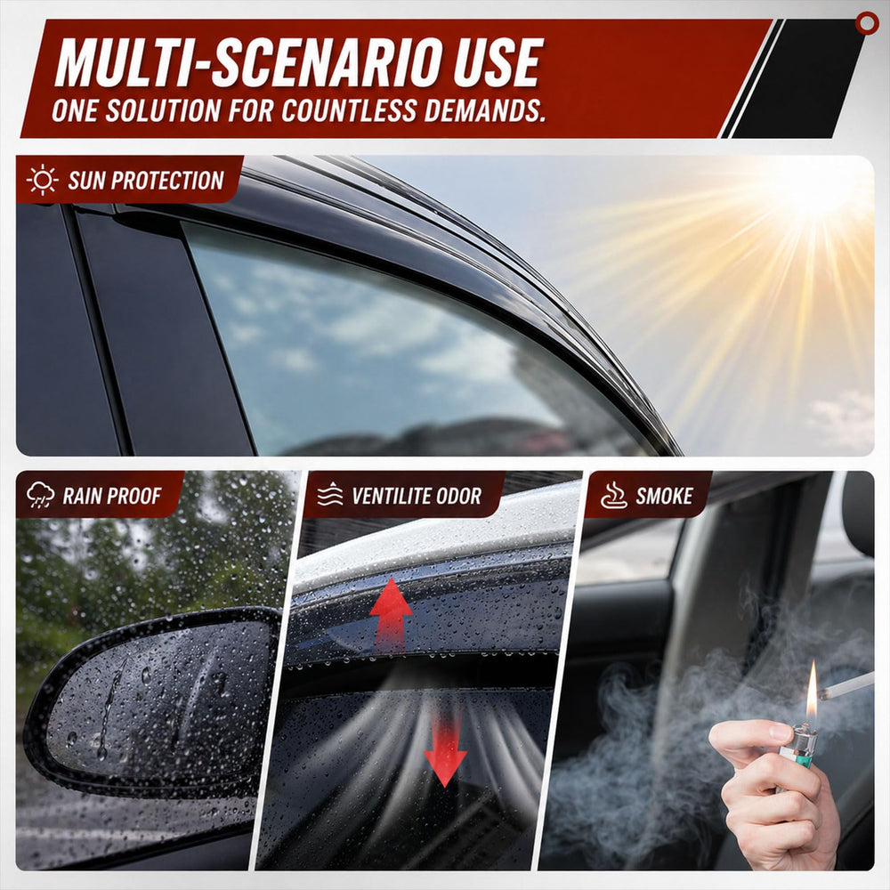 DimFlux visor on truck in rainy driving scene showing weather protection and comfort benefit