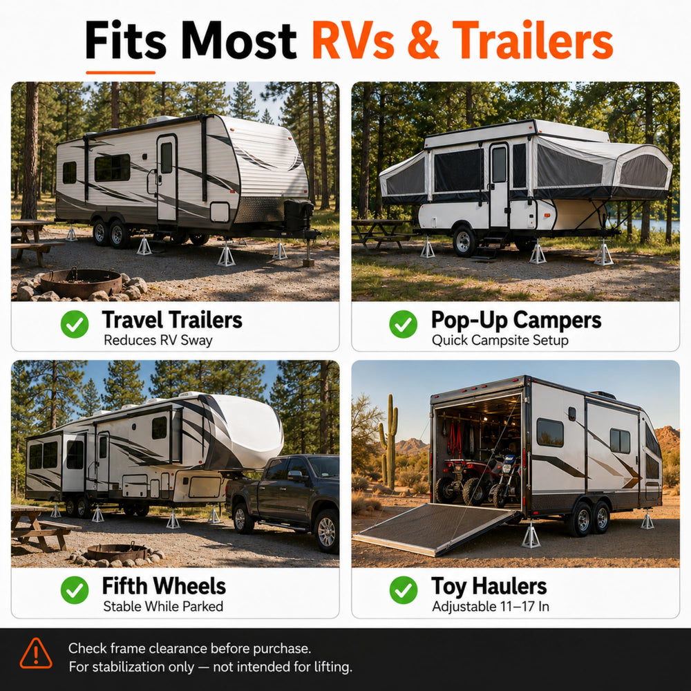 Discount Parts Direct jacks installed on a travel trailer frame improving campsite stability