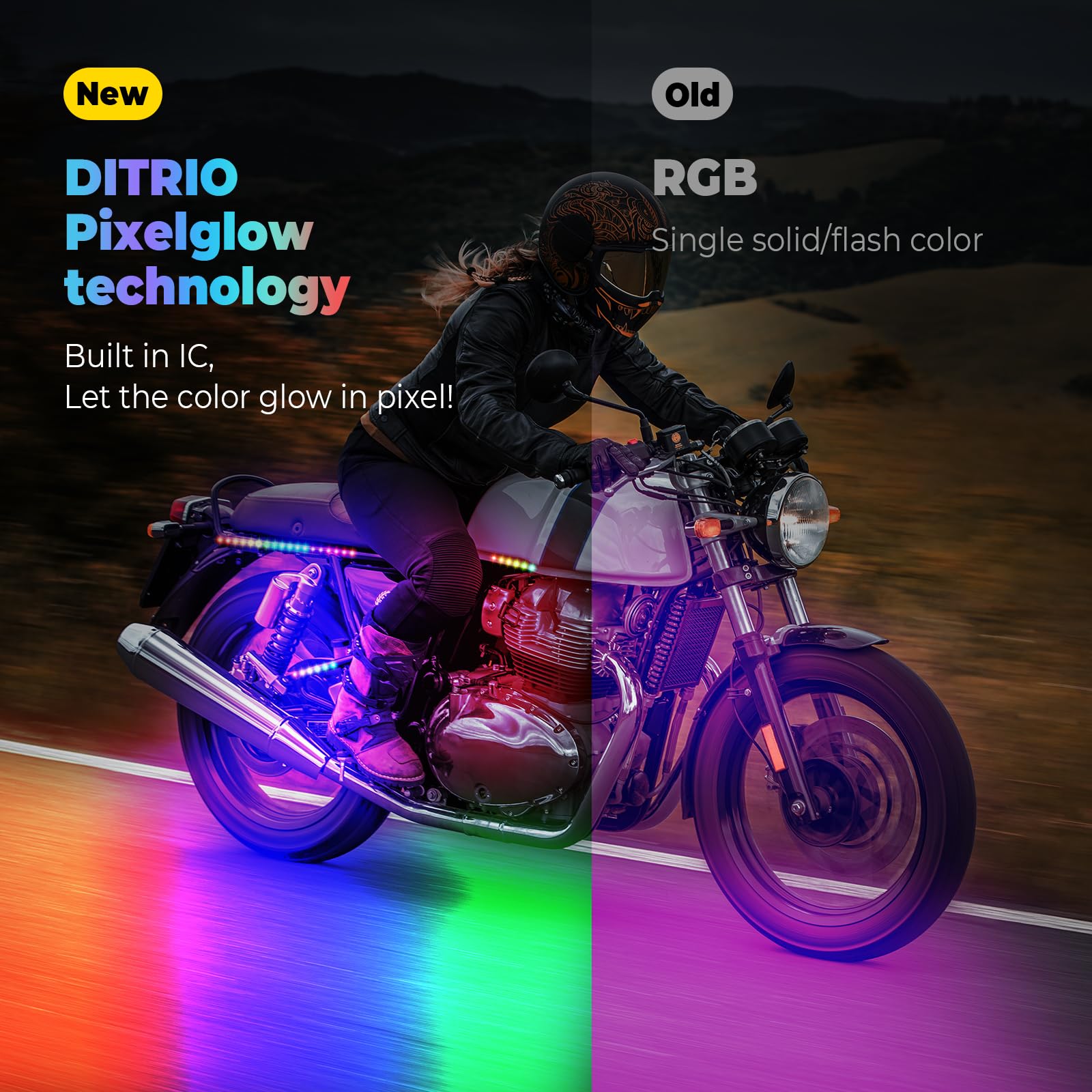 DITRIO motorcycle with underglow on city street showing style and increased presence