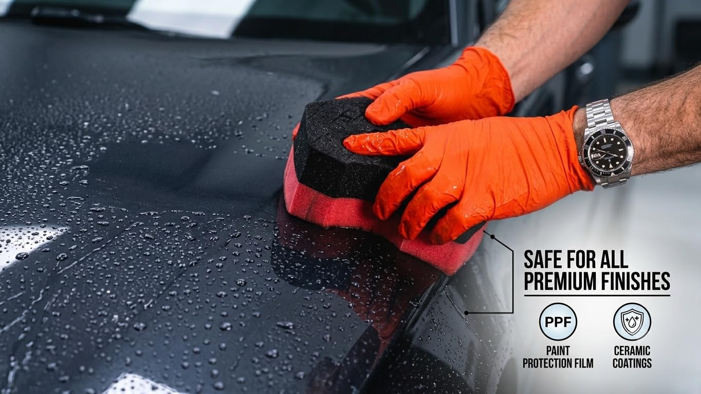 diy detail bottle beside PPF-wrapped car showing coating-safe use