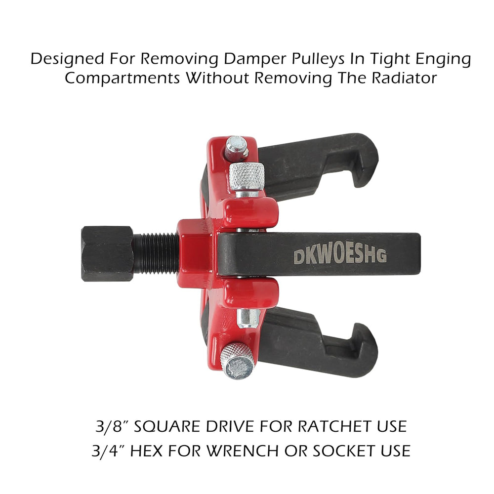 DKwoeshg tool in use inside an engine bay enabling radiator-free pulley removal
