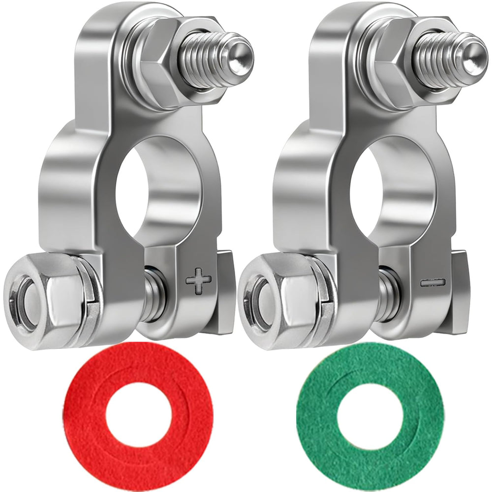 DLronwey front view of battery terminals kit showing labeled red and black covers for safe polarity