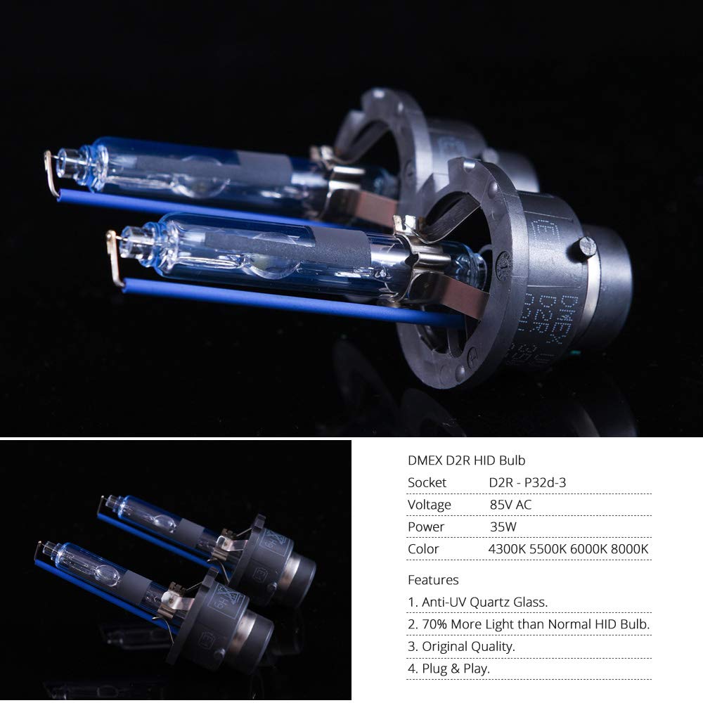 DMEX D2R beside ruler showing bulb size and fitment clarity