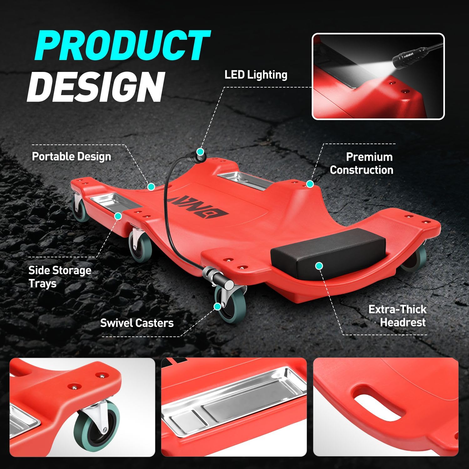 DNA MOTORING built-in LED light illuminating undercarriage for visibility