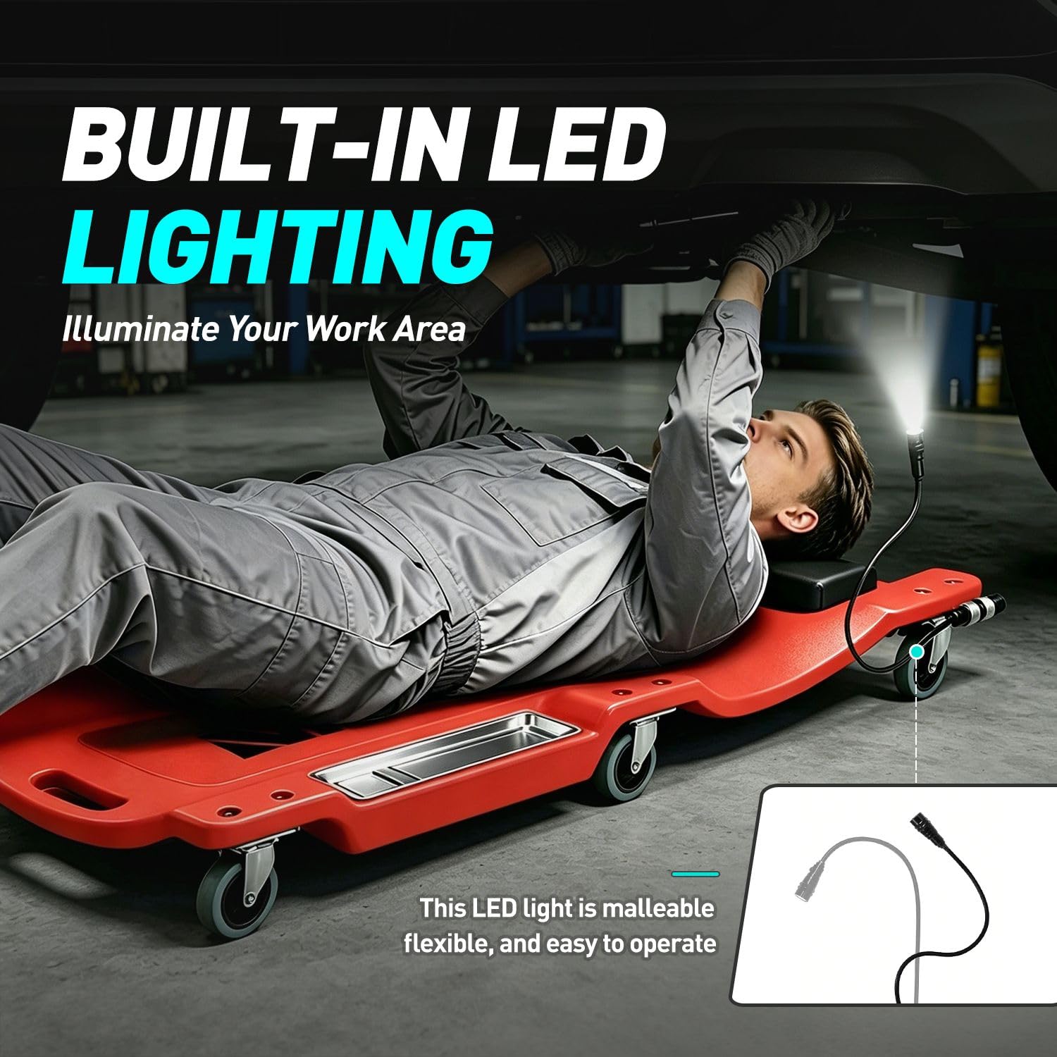 DNA MOTORING creeper with person for scale and ergonomic fit demonstration