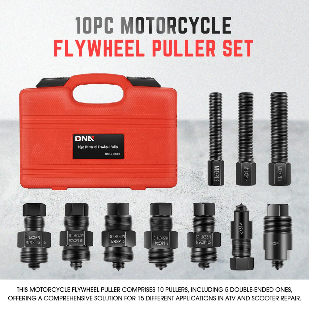DNA MOTORING double-ended puller detail illustrating dual-size versatility and reduced tool count