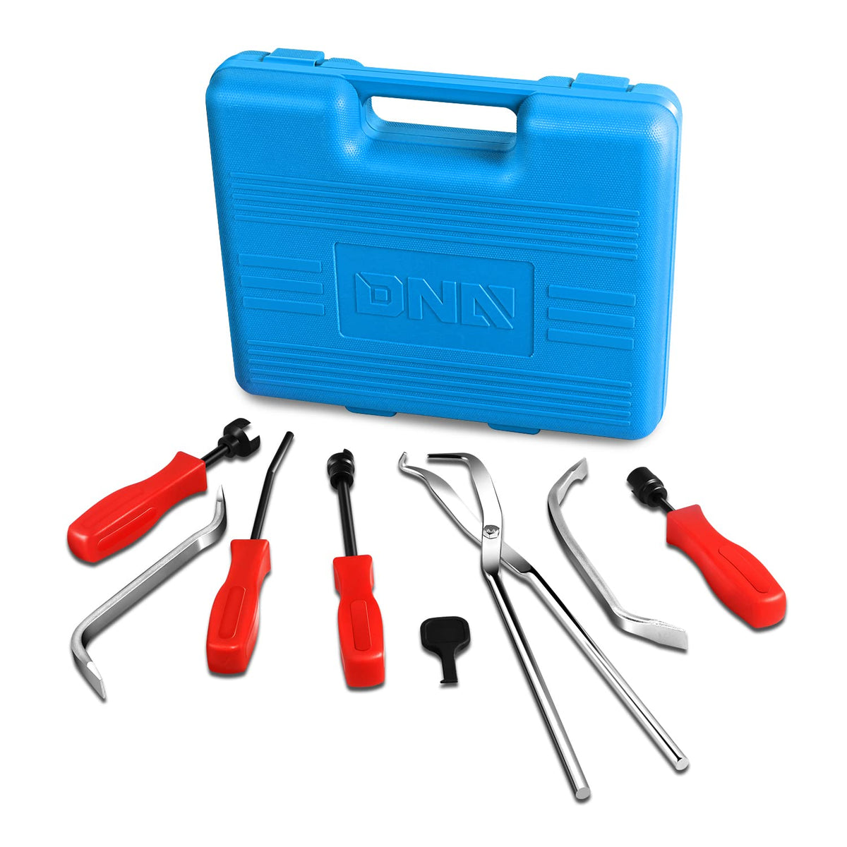 DNA MOTORING front packaging of the blue 8-piece brake tool kit showing organized layout and portability