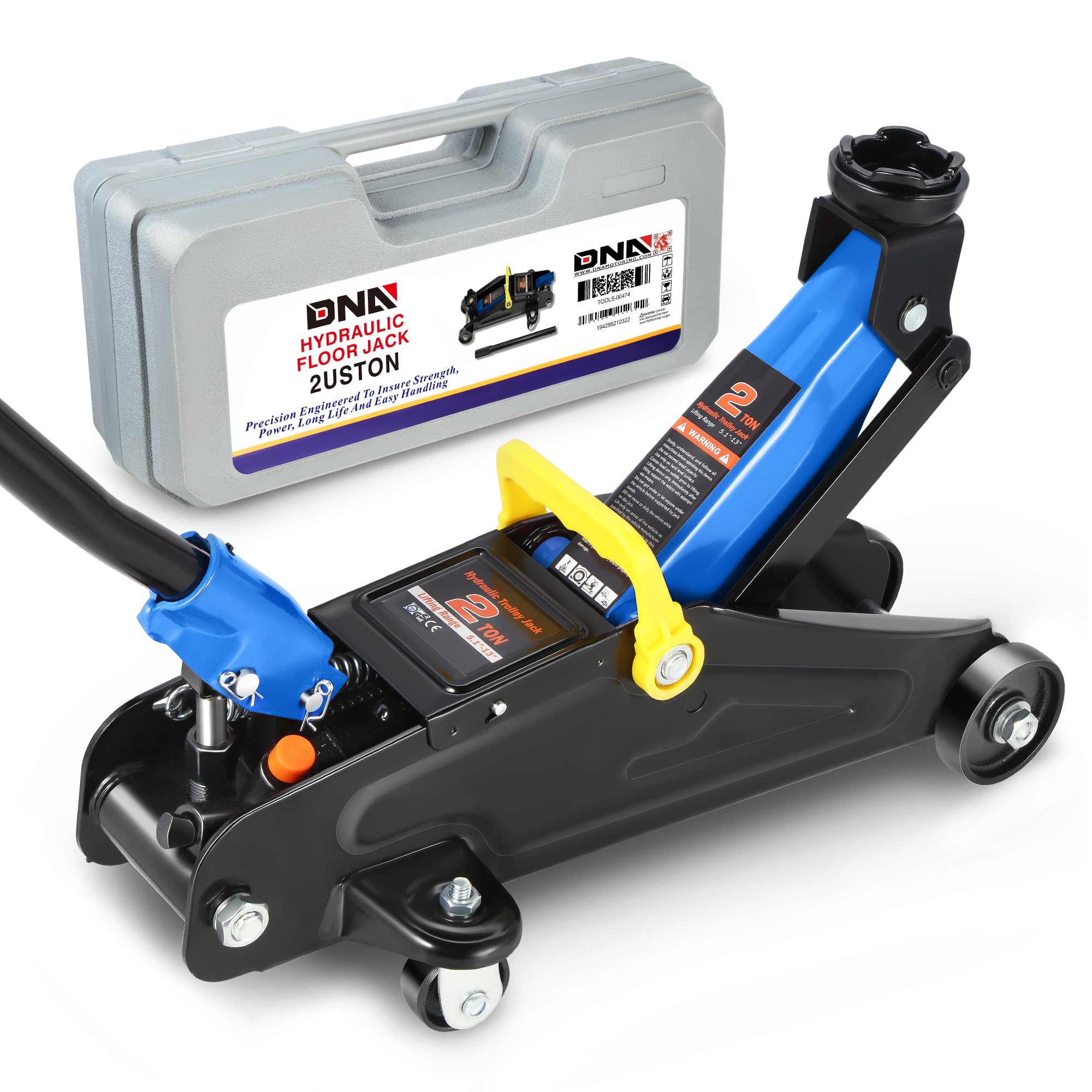DNA MOTORING front view of blue 2-ton trolley jack showing stable base and lift