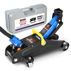 DNA MOTORING front view of blue 2-ton trolley jack showing stable base and lift