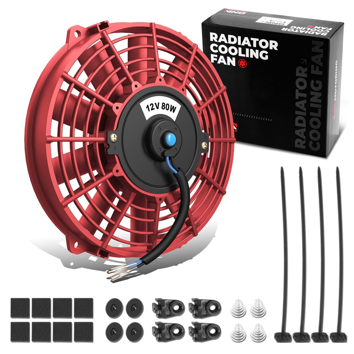 DNA MOTORING front view of red 7 inch fan showing airflow benefit