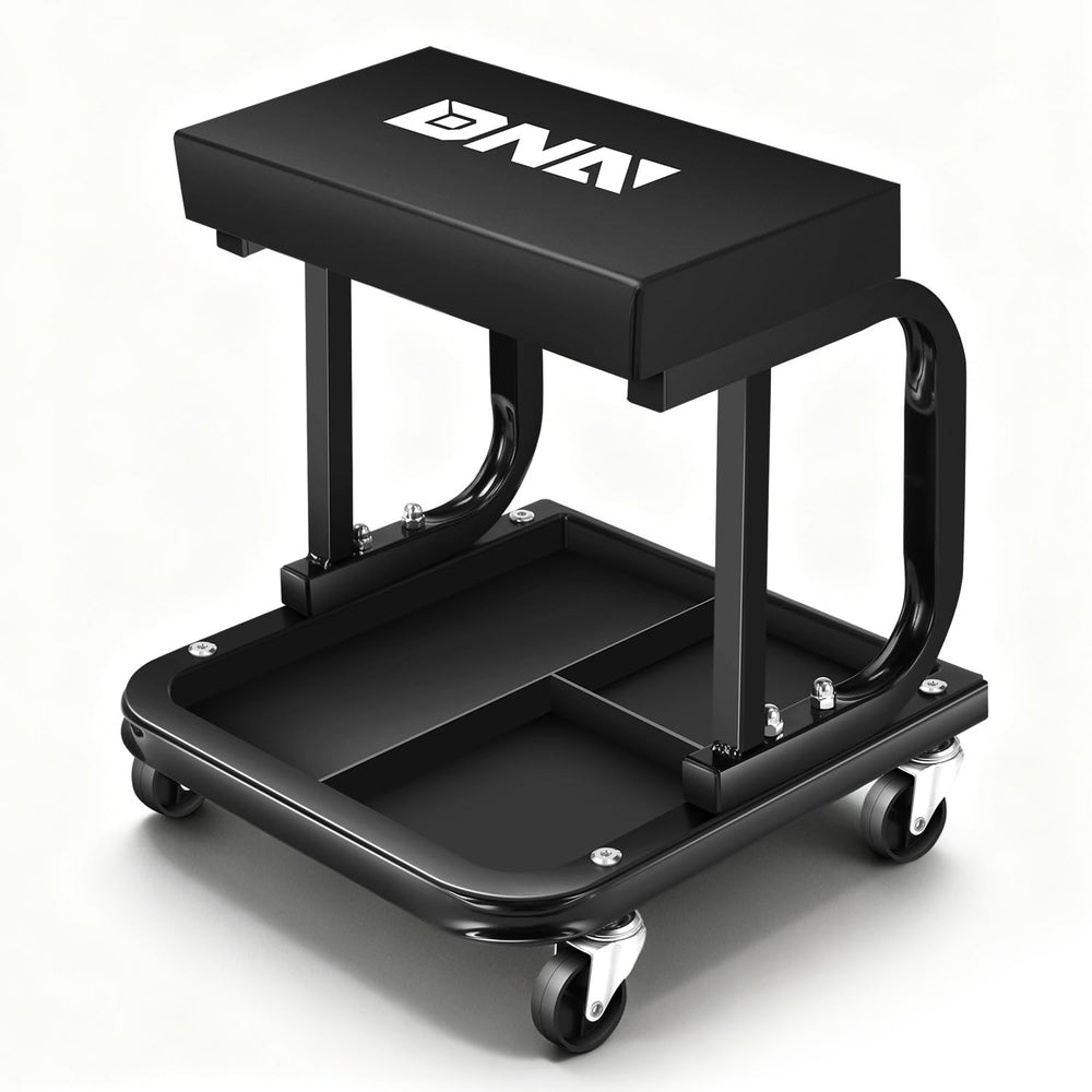 DNA MOTORING front view of roller seat showing sturdy frame and seat, improves shop efficiency