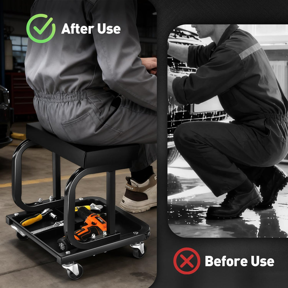 DNA MOTORING lifestyle in garage with mechanic using seat, speeds tasks and reduces fatigue