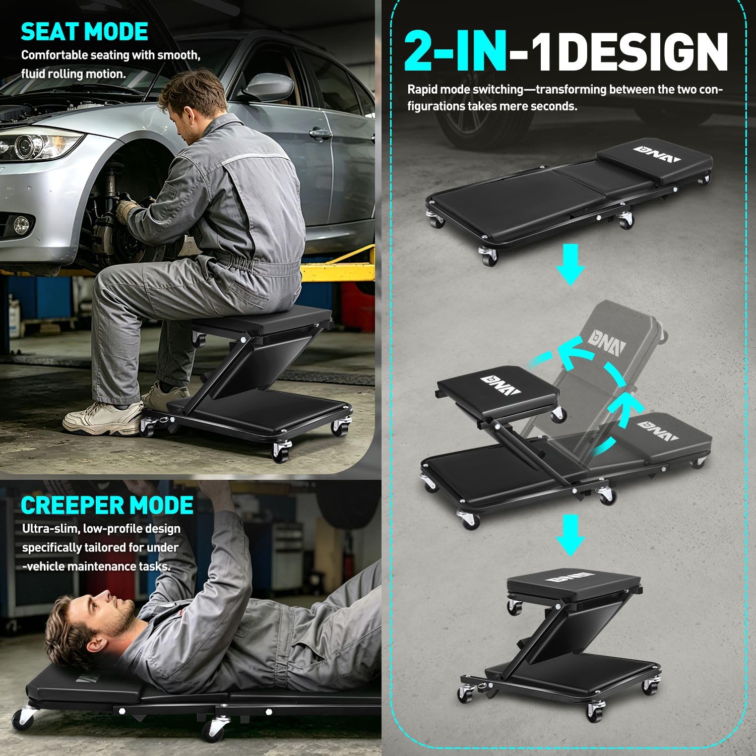 DNA MOTORING lying mode under vehicle showing low-profile access