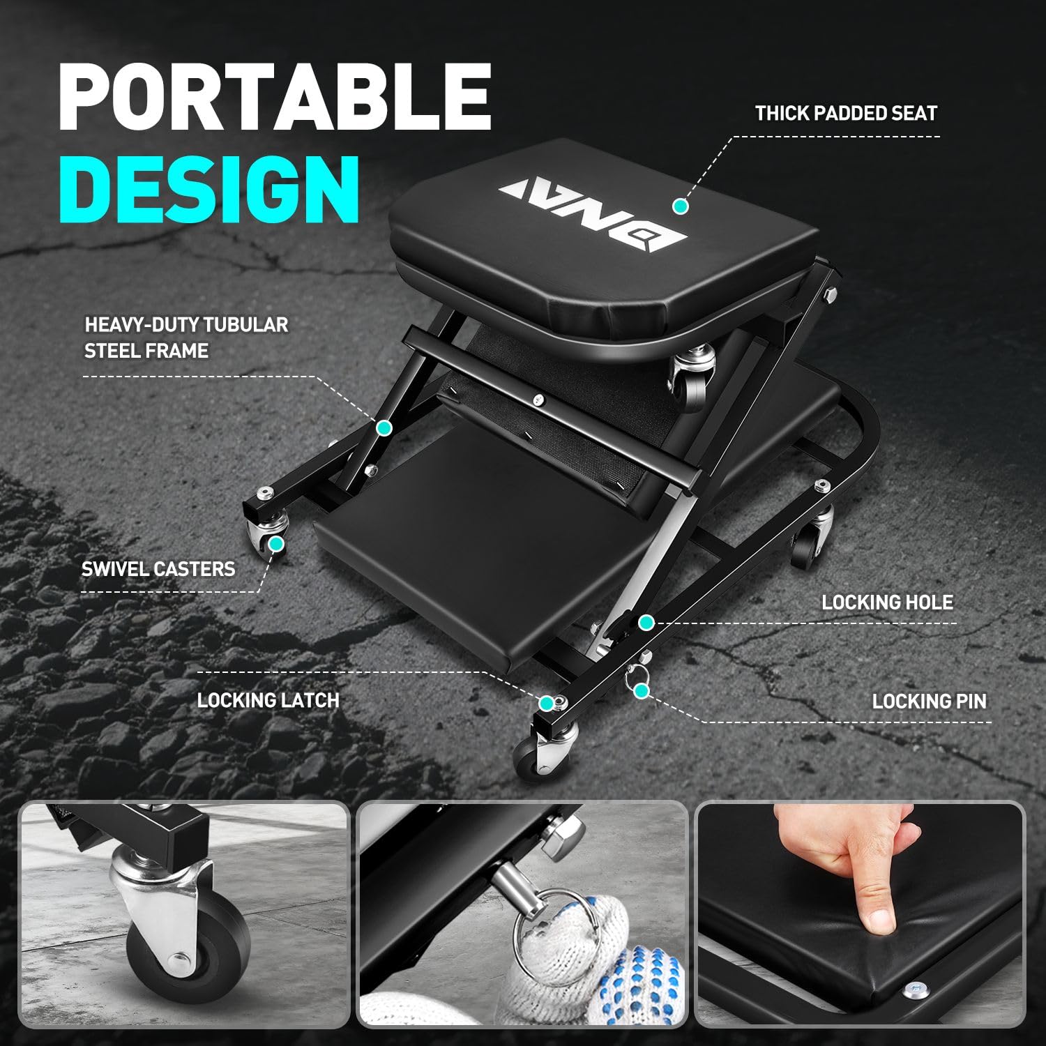 DNA Motoring close-up of thick padded cushion highlighting durable comfort for long jobs