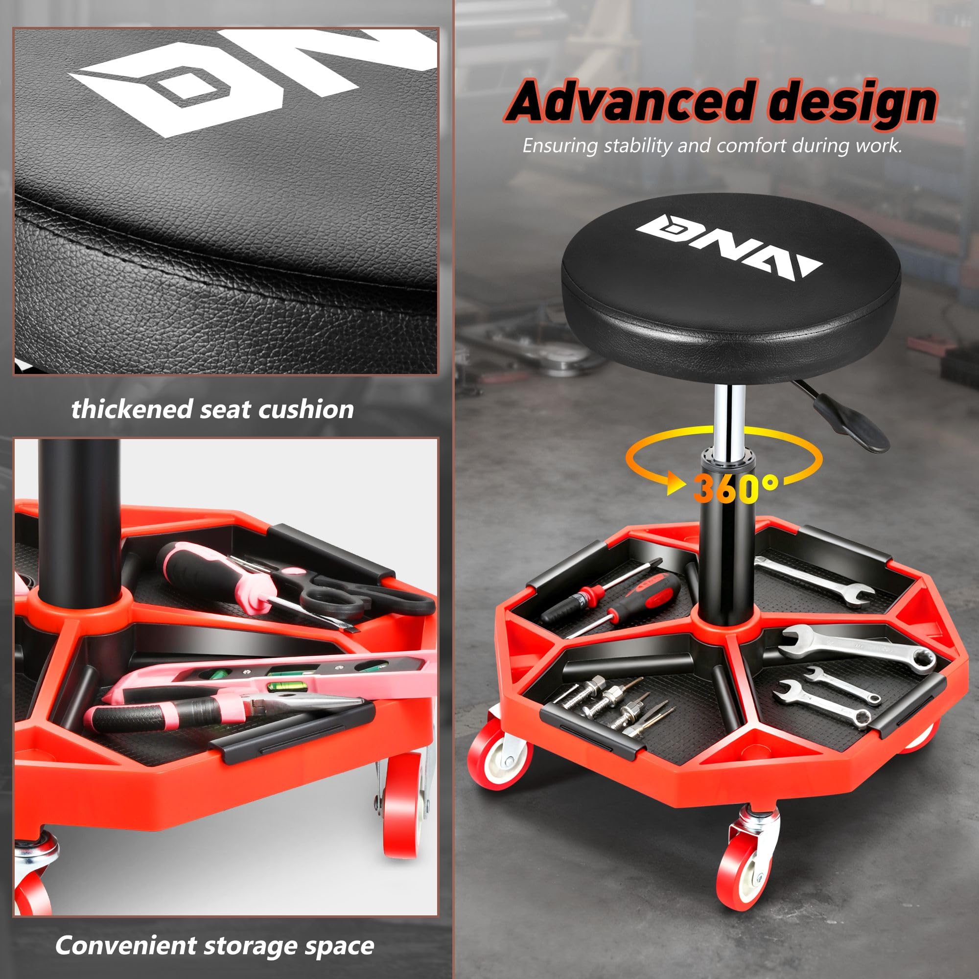DNA MOToring stool beside tools showing compact size and portability