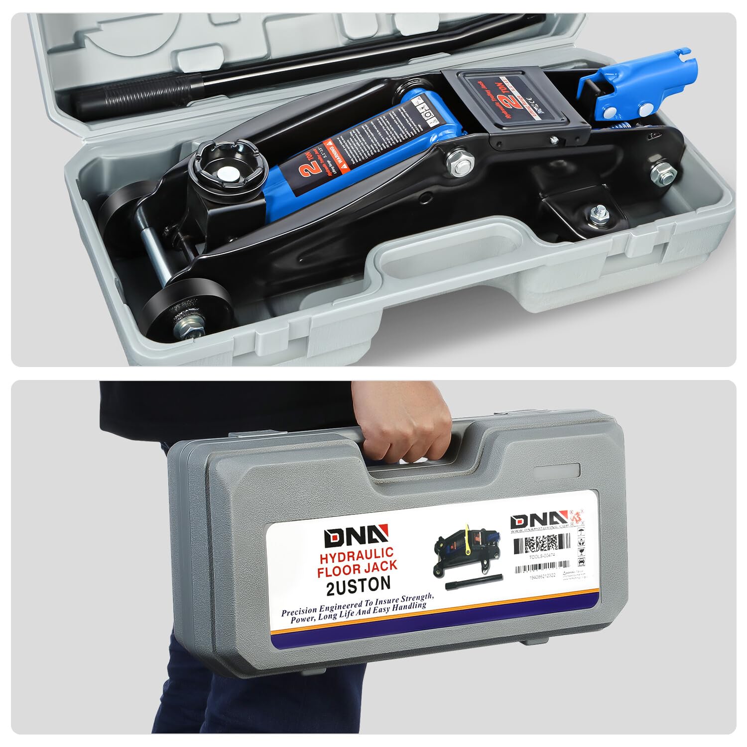 DNA MOTORING jack next to ruler for scale showing compact storage advantage