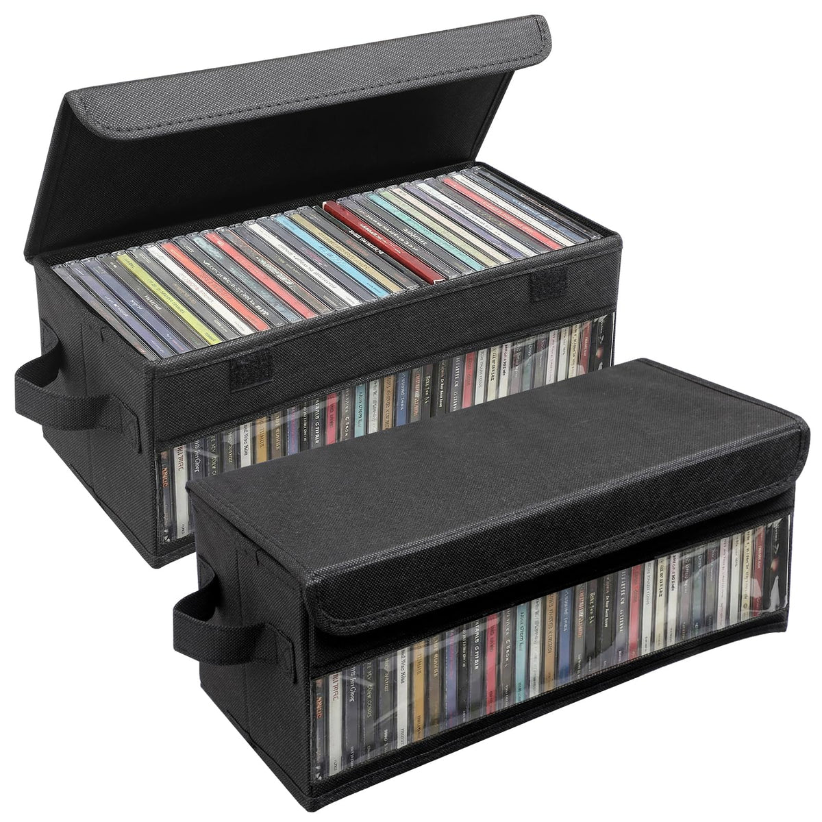 Dntorx front view of two boxed CD organizers showing tidy storage benefit