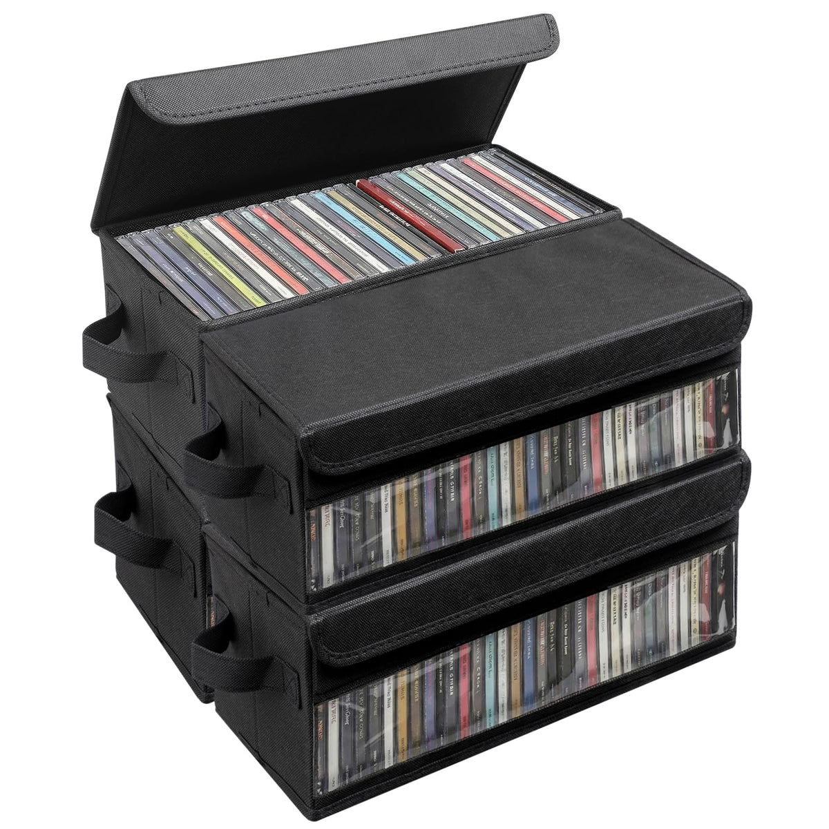 Dntorx front view of black CD storage box showing neat design and space savings