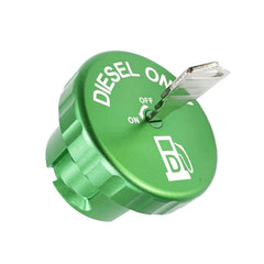 DOCA green diesel cap front view showing lock and finish benefit secure fit