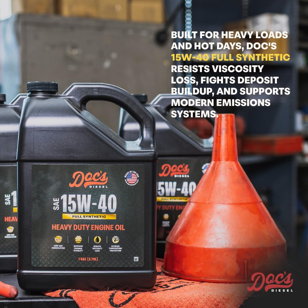 Doc's Diesel container next to a quart bottle for scale showing how three gallons cover multiple oil changes