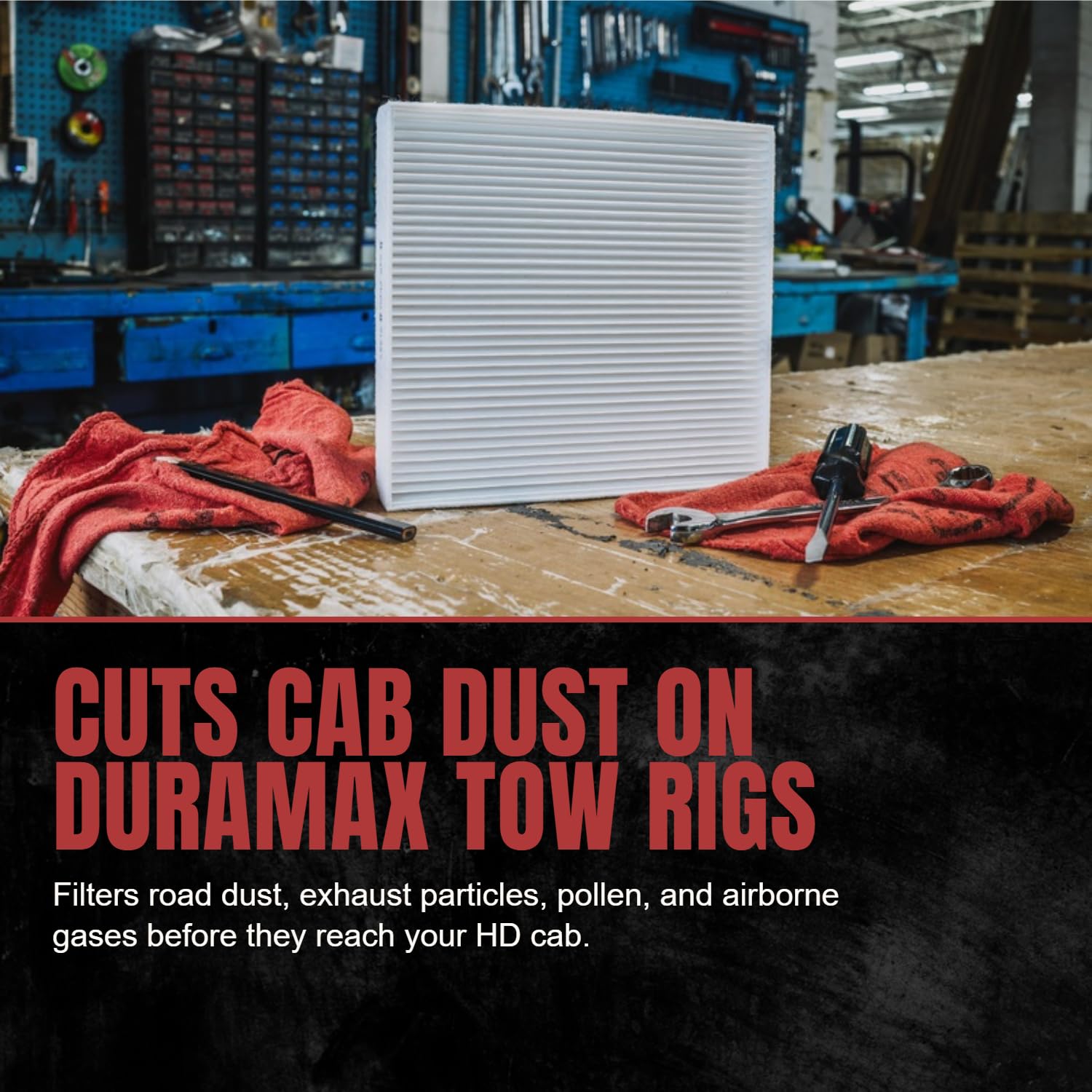 Doc's Diesel angled filter edge showing seal detail for effective airflow control