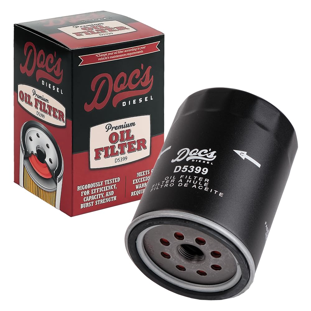 Doc's Diesel front packaging of Duramax oil filter showing model and fitment benefits