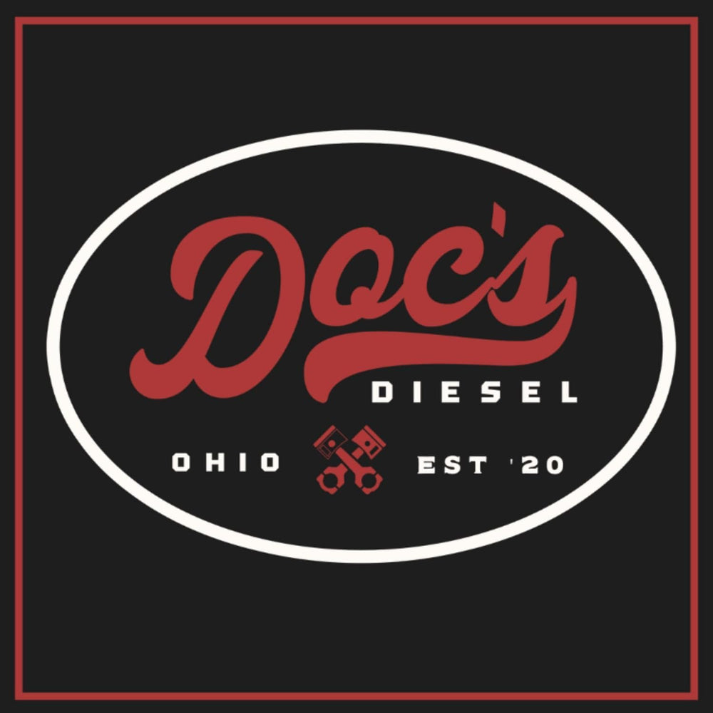 Doc's Diesel filter label with part numbers ensuring correct interchange